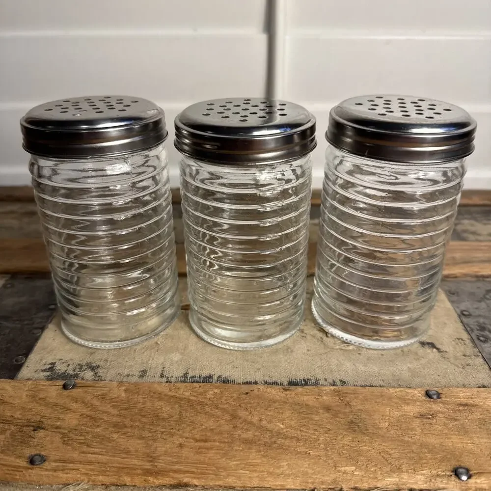 Vintage Ribbed Glass Diner Style Shaker Set Of 3 With Chrome Lids 5” Tall